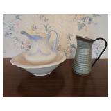 Vintage Porcelain Pitcher & Galvanized Pitcher