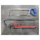 Saw, prybar & pipe wrench