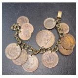 Vintage Foreign Twelve Coin Charm Jewelry Bracelet