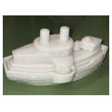 Antique 1908 Milk Glass Maine Ship Candy Dish