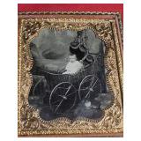 Antique Encased Tintype Baby/Cat/Carriage Photo