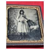 Antique Encased Tintype Girl / Flowers / Dog Photo