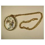 Metal Gold Tone Porcelain Front Locket on Chain