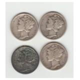 Four US Silver Mercury Dimes