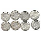Eight US Silver Roosevelt Dimes