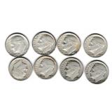 Eight US Silver Roosevelt Dimes