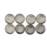 Eight US Silver Roosevelt Dimes