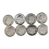 Eight US Silver Roosevelt Dimes