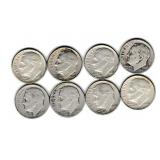 Eight US Silver Roosevelt Dimes