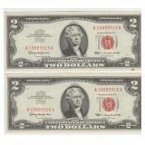 Two 1963 US Two Dollar Red Notes