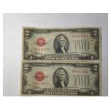Two US 1928D Red Seal Two Dollar Notes