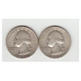 Two US 1954D Silver Washington Quarters