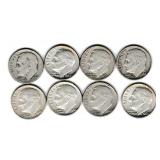 Eight US Silver Roosevelt Dimes