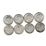 Eight US Silver Roosevelt Dimes