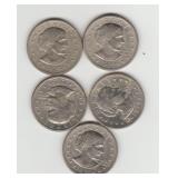 Five US Susan B Anthony One Dollar Coins