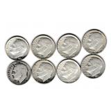 Eight US Silver Roosevelt Dimes