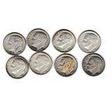 Eight US Silver Roosevelt Dimes