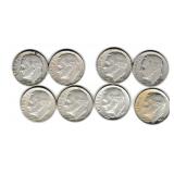 Eight US Silver Roosevelt Dimes