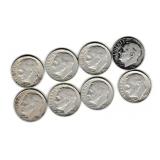 Eight US Silver Roosevelt Dimes