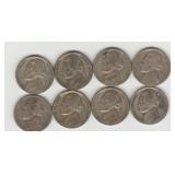 Eight US 1943 Silver Jefferson Nickels