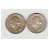 Two US 1964D Silver Washington Quarters