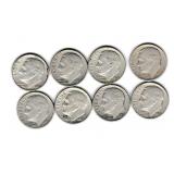 Eight US Silver Roosevelt Dimes