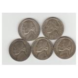 Five US 1943 Silver Jefferson Nickels