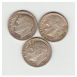 Three Silver Roosevelt Dimes