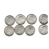 Eight US Silver Roosevelt Dimes