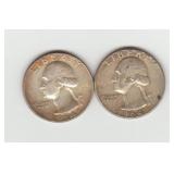 Two US 1964 Silver Washington Quarters