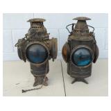 Two Antique Cast Metal Railroad Oil Lamps