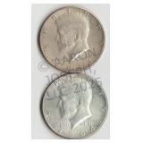 Two 1964 Silver Kennedy Half Dollars