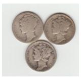 Three US Silver Mercury Dimes