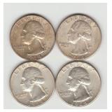 Four US 1964 Silver Washington Quarters