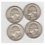 Four US Silver 1950's Washington Quarters