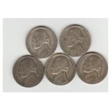 Five US 1943 Silver Jefferson Nickels