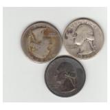 Three US 1930's Silver Washington Quarters