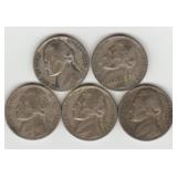 Five US 1945 Silver Jefferson Nickels