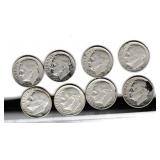 Eight US Silver Roosevelt Dimes