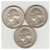 Three US Silver 1962D Washington Quarters