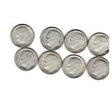 Eight US Silver Roosevelt Dimes