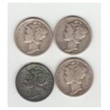 Four US Silver Mercury Dimes