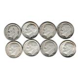 Eight US Silver Roosevelt Dimes