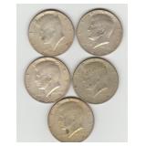 Five US Silver 40% Silver Kennedy Half Dollar Coin