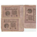 Three German 1923  100,000 Reichbanknotes