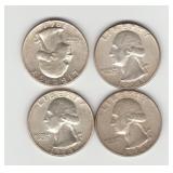 Four US 1964 Silver Washington Quarters
