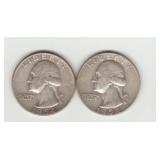 Two US 1954D Silver Washington Quarters