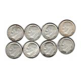 Eight US Silver Roosevelt Dimes