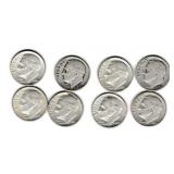 Eight US Silver Roosevelt Dimes