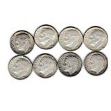 Eight US Silver Roosevelt Dimes